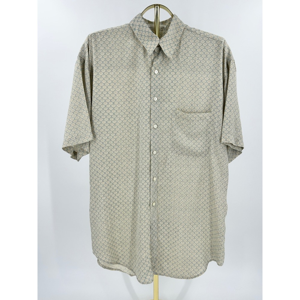 Perry Ellis 100% Silk Geometric Diamond Short Sleeve Button Down Shirt M